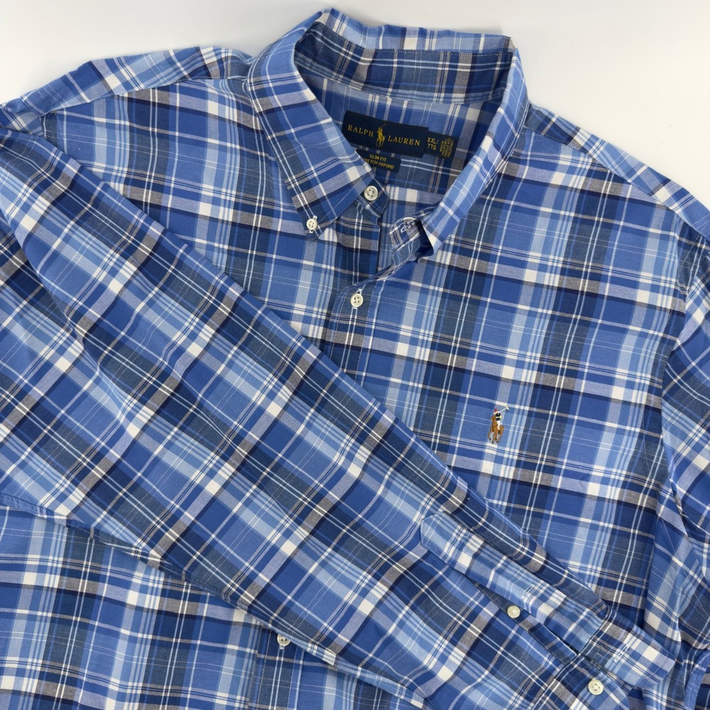 Ralph Lauren Mens XXL Slim Fit Stretch Oxford Blue Plaid‎ Button Down Shirt